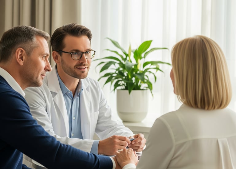 Psicólogo hospitalario habla con matrimonio en su consulta