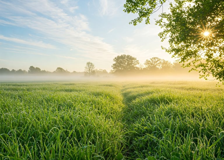 a field with a tree and a path leading to the sun