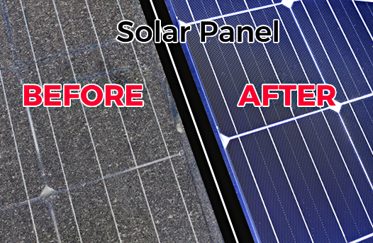 Before and after picture of a solar panel cleaning service.