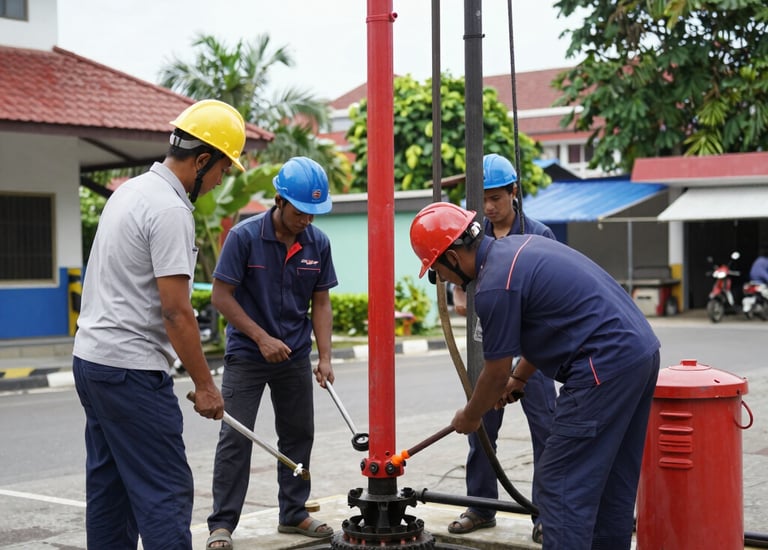 Construction workers in hard hats use specialized tools to maintain industrial oil well equipment.