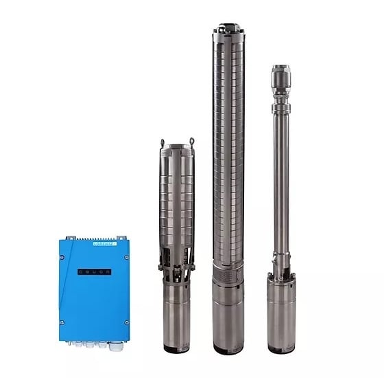 Stainless steel solar submersible water pumps with a blue Lorentz controller unit.