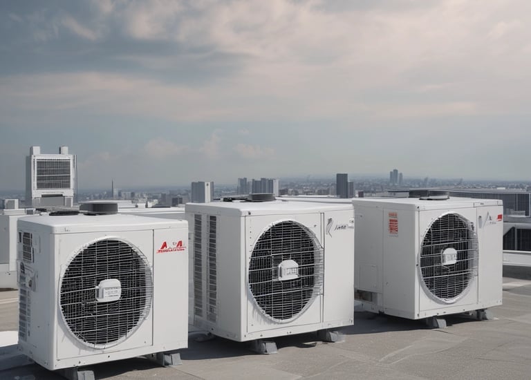 A series of air conditioning units are mounted on a metal structure outside a building with white paneling. Two large windows are visible behind the units, revealing the indoors with fluorescent lighting.