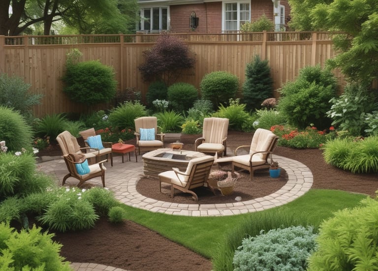 A construction scene with heavy machinery positioned on a street lined with large green trees and bushes. The yellow machines include a skid steer loader and a trencher parked on the road. In the background, there is a house partially obscured by the trees.