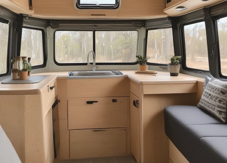 Two vintage camper vans are parked on a grassy area surrounded by tall pine trees. The vans have unique designs, with one colored blue and white and the other green with geometric mountain graphics. Sunlight filters through the trees, creating a warm and inviting atmosphere. The scene captures a sense of adventure and freedom in a natural setting.