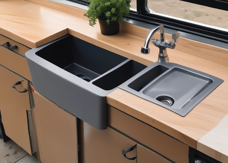 A classic white camper van with a brown stripe is parked on a gravel surface. It has a vintage design, rectangular windows, and a spare tire attached to the back. Trees with lush green leaves are visible in the background, and the sky is clear and blue.