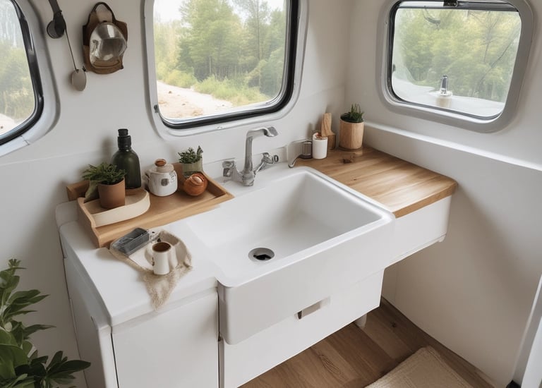A vintage camper van with a distinctive mountain landscape painted on its exterior. The artwork includes snowy peaks blending into a forest pattern, set against a warm, sunset-colored sky. The van is parked on a grassy field.