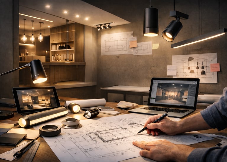 Planung einer individuellen Lichtlösung: Schreibtisch mit Lichtmustern und technischen Plänen
