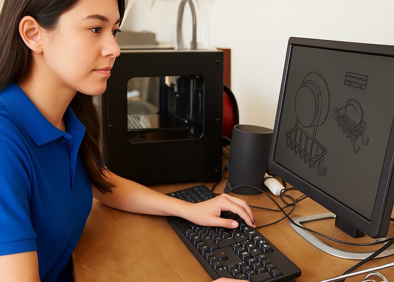 Una diseñadora está dibujando una cesta de alambre en la computadora.