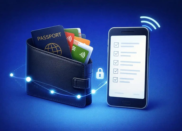 Smart digital wallet for secure travel document storage, passport organization, and safe international travel preparation.