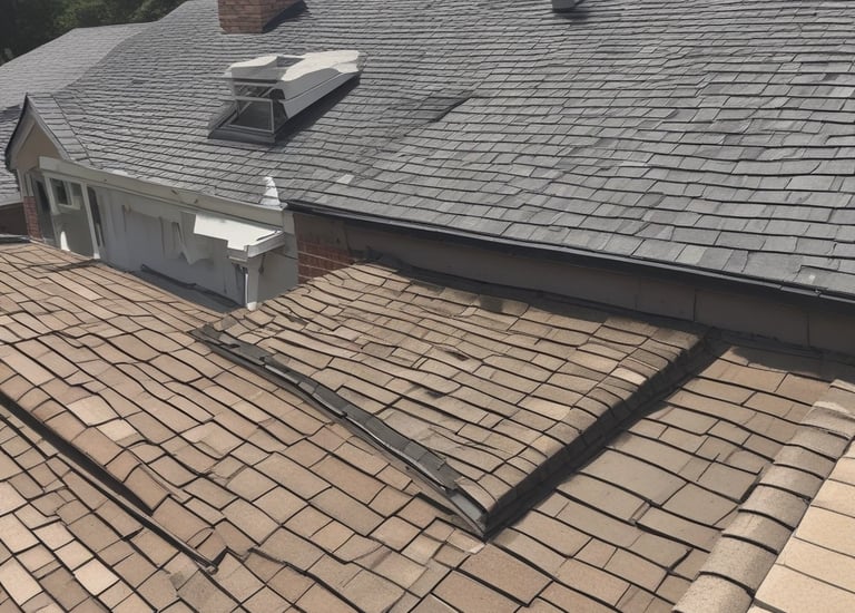 A sloping roof with red tiles experiences heavy rain, creating cascading streams of water flowing down across the eaves. In the background, lush green trees are faintly visible through a misty atmosphere.