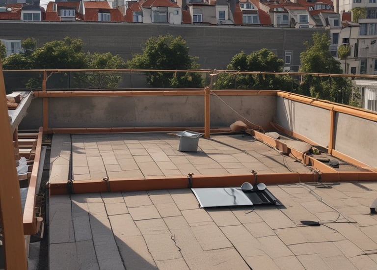 A person is working on a corrugated metal roof, wearing a harness for safety. They appear to be engaged in some kind of maintenance or repair work, holding equipment or tools. The roof is weathered and shows patches of rust and wear.