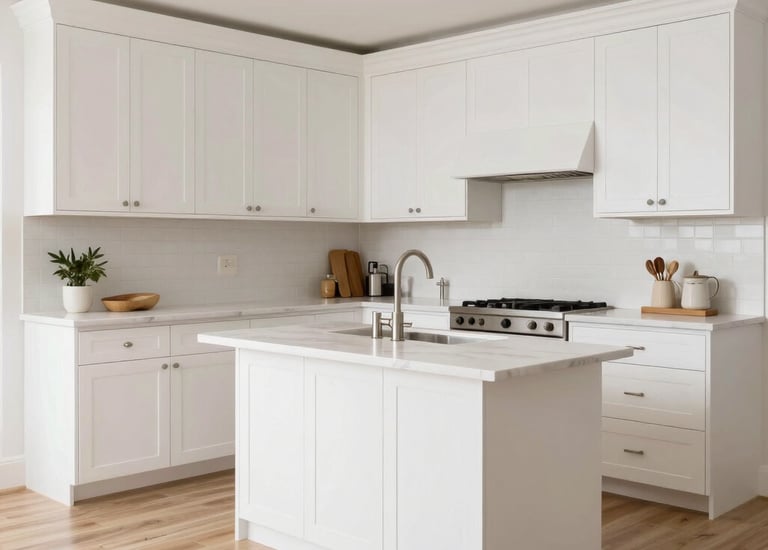 A wooden cabinet with modern design featuring white drawer fronts and wooden handles. The cabinet stands on short legs with a natural wood finish. A blurred figure of a person walks past in the background, creating a sense of motion.