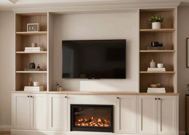 A modern kitchen with sleek white cabinets and a dark stone countertop. Two black pendant lights hang over a central island. There's a built-in oven and a white tile backsplash. A closed cardboard box is on the counter.