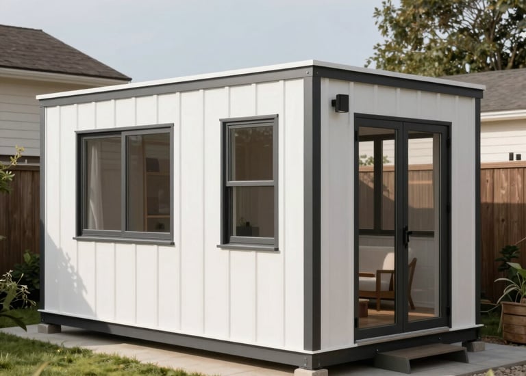 A compact ADU built with modular construction in a backyard setting.