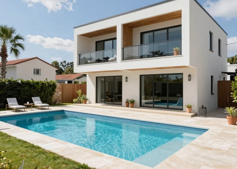 A multi-unit modular development with shared green spaces and modern design.