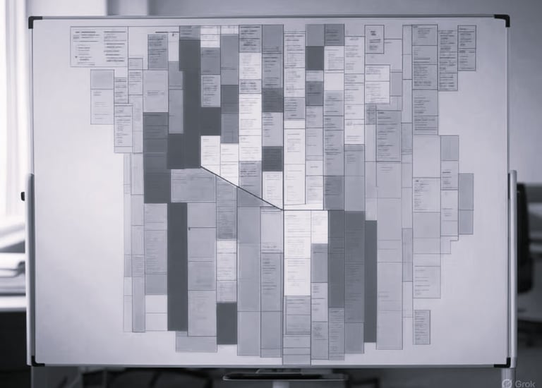 A programme timeline being developed using post it notes on a whiteboard