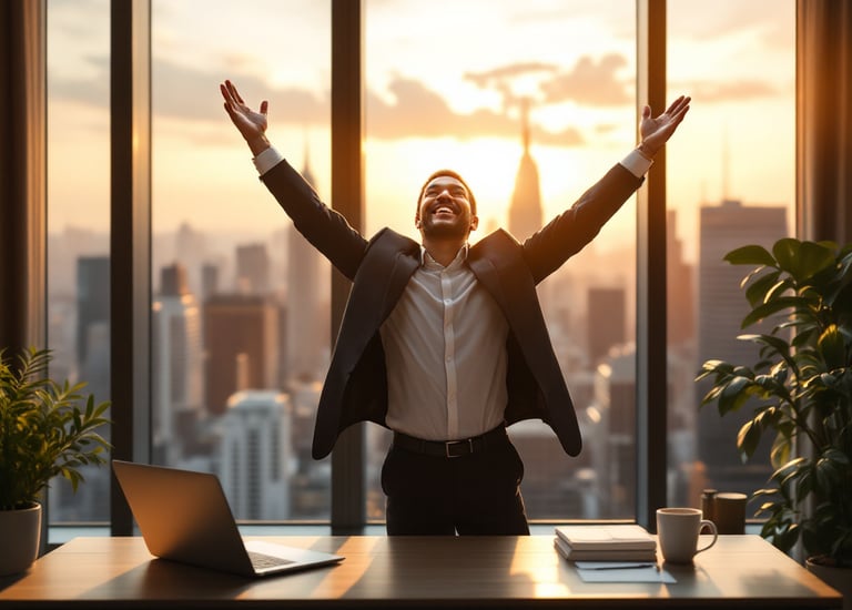 A business owner standing in a modern office, raising their arms in celebration Ribelle Marketing