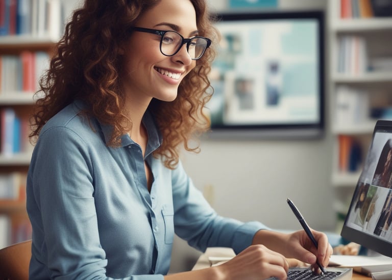 A group of people participate in a collaborative brainstorming session. Yellow sticky notes are scattered across a blue table, each containing handwritten ideas or notes. Several hands are in motion, holding pens and sticky notes, indicating active participation. A bottle of water and a clear plastic cup are also on the table.