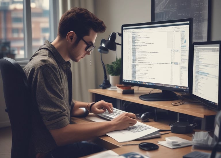 A tech workspace with two computer monitors displaying a variety of applications. The left monitor shows a communication platform, while the right one is filled with a multi-column interface for managing tasks or projects. A keyboard, mouse, headphones, and a laptop are on the desk, along with a smartphone and various stationery items. Dim ambient lighting creates a focused and somewhat secluded atmosphere.