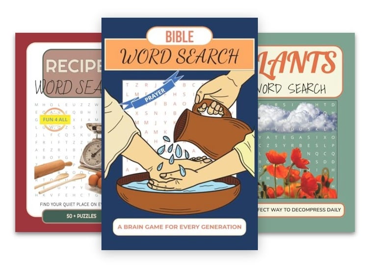 Collection of Debas Direct word search puzzle books including Recipes, Cottage, Sharks, and more.