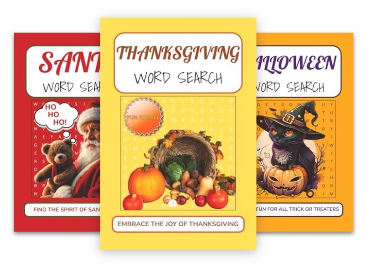 Collection of Debas Direct word search puzzle books including holiday, Cottage, Sharks, and more.