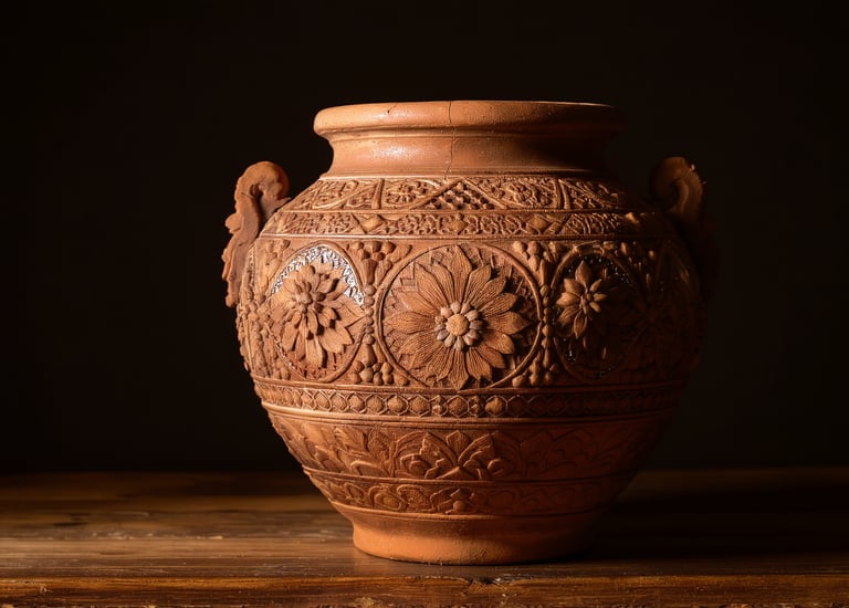 Handcrafted terracotta vessel with intricate floral carvings and warm earthen tones, symbolizing tim