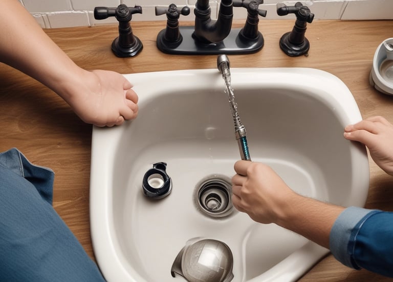 A close-up of a wrench and plumbing fittings on a workbench.