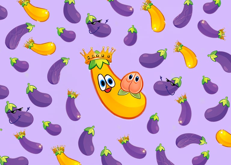 une aubergine violette d'aspect caricatural avec une couronne dessus