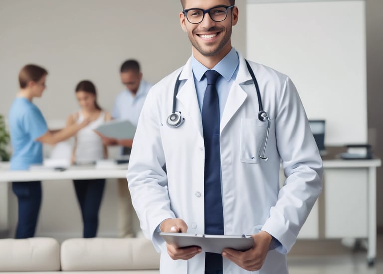 A successful nurse celebrating in front of a hospital.