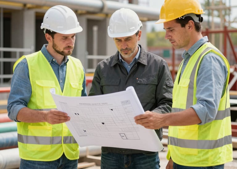 A team working collaboratively on a pipe installation.