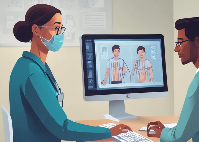 A medical setting with two people, likely healthcare professionals, focusing on a patient who is surrounded by numerous medical devices and monitors. The environment is busy with various tubes and equipment connected to the patient.