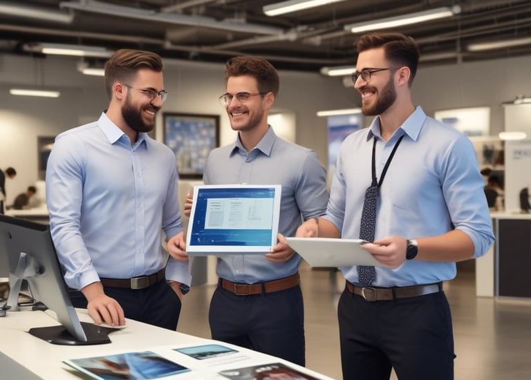 two men standing in a room with a laptop