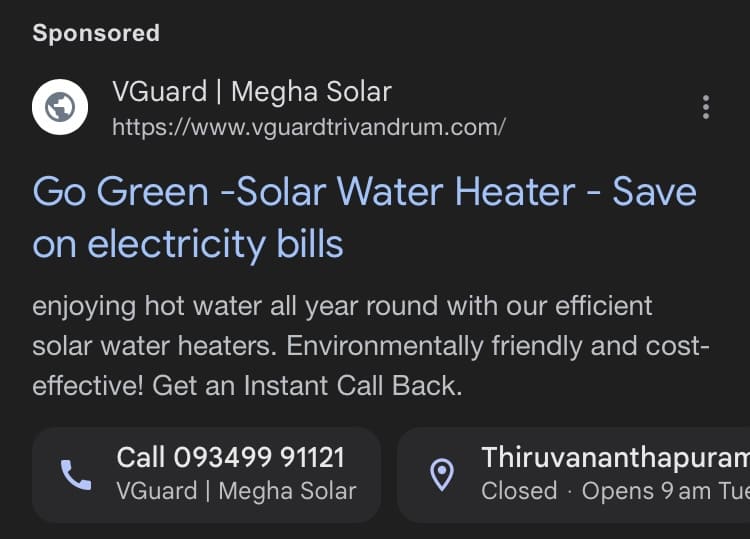Vguard Distributor in Trivandrum | Megha Solar Google Ads By Abhijith.digital
