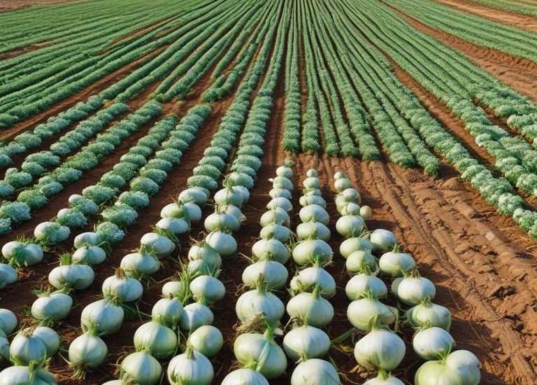 An aerial view of expansive agricultural fields characterized by different shades and textures. The fields are segmented into various rectangular plots, each displaying varying tones of green, brown, and tan. In the center, a small cluster of trees interrupts the continuous landscape, providing a natural focus point.