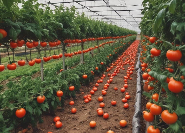 A vast agricultural field filled with green leafy crops extends toward the horizon. In the distance, several buildings are visible, some with palm trees nearby. The sky above is partly cloudy with patches of blue.