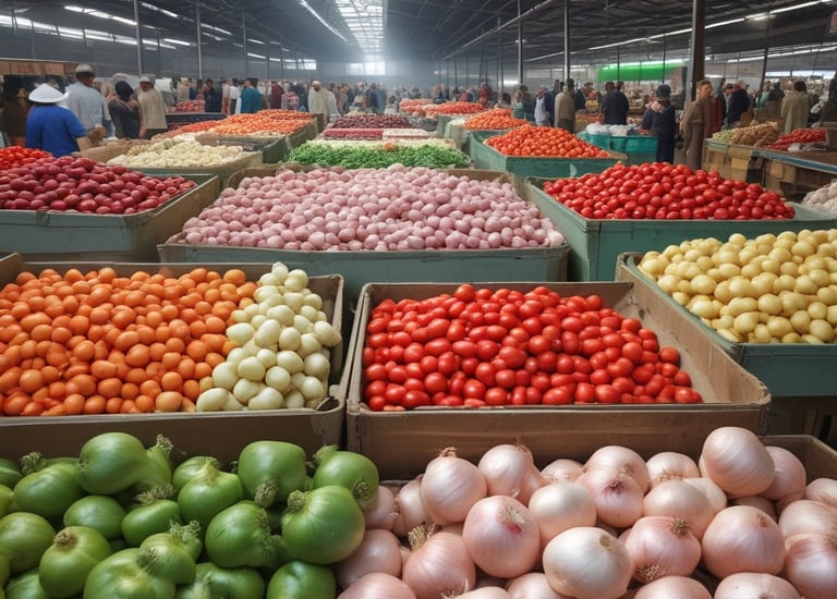 A vibrant agricultural scene with two tractors working on a field surrounded by green grass and scattered yellow flowers. The tractors are red and white with attached machinery, handling hay or straw. In the distant background, there are trees and open fields under a clear blue sky.