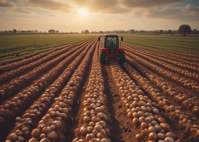 A vast agricultural field filled with rows of plants, possibly beetroot or similar leafy greens. The field is bordered by lush trees and hills in the background, contributing to a serene rural landscape. Sprinklers are visible throughout the field, indicating an irrigation system in place.