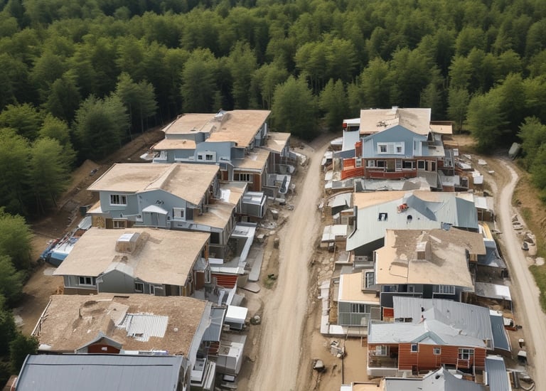 Aerial view of a construction site featuring multiple partially constructed buildings with a combination of flat and sloped roofs. The site is surrounded by a mix of residential houses and green areas. There are construction materials scattered around, and the roads nearby are bordered by trees and small residential properties.