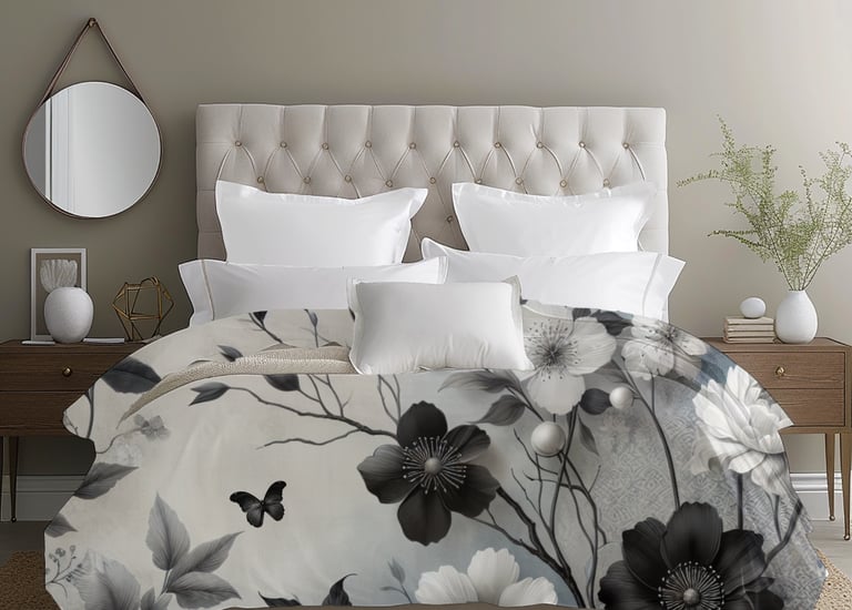 Black and white butterfly duvet set on tufted bed – URunique21 bedroom decor