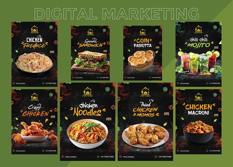 Colorful social media poster for a restaurant, featuring a photo of a gourmet burger with fries