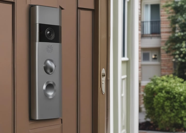 A close-up view of a dome-shaped security camera featuring a black lens housing and a white casing. The perspective highlights the circular design and electronic components, with a visible cable extending from the device.