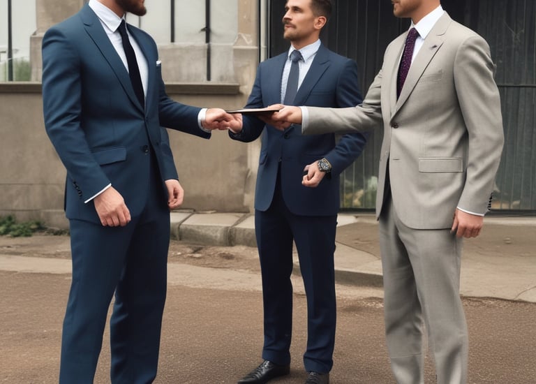 A person in formal attire stands confidently in a bright, modern office space with large windows. The room has light colors and minimal furnishings, including a chair and a small table.