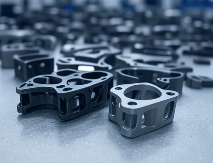a bunch of black and white metal parts on a table