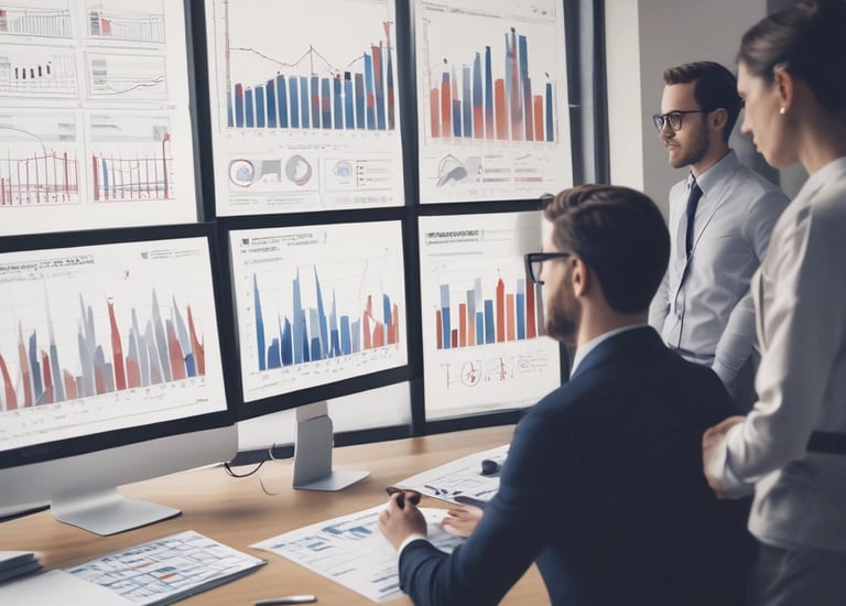 Close-up of hands typing on a laptop with data charts on screen.