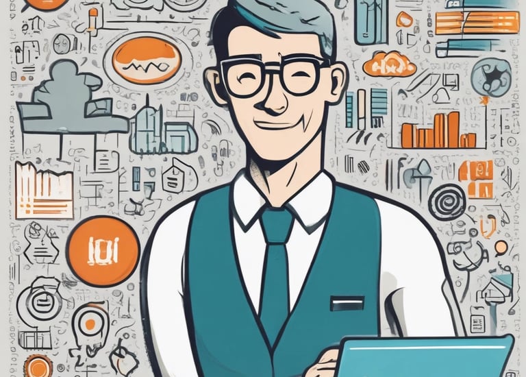 A busy office environment with employees collaborating over digital devices.