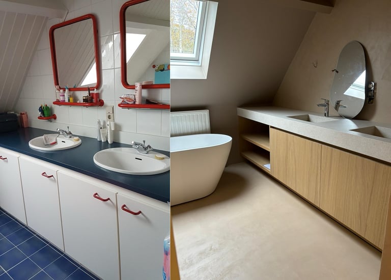 Voor en na renovatie van een badkamer met maatmeubilair en sanitair door AP Services in Leuven