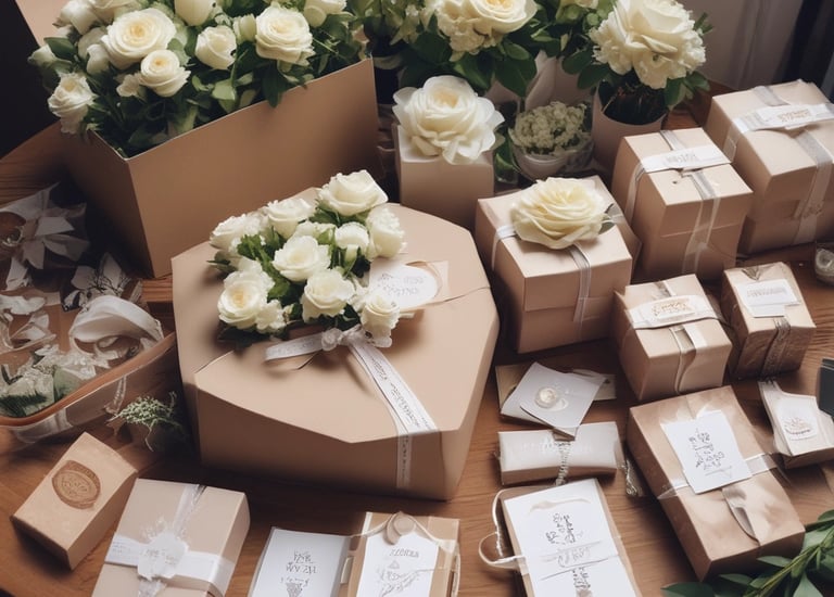 A box containing elegantly decorated desserts, including cake popsicles coated in white chocolate with pink drizzle and colorful sprinkles, alongside a frosted cupcake adorned with similar sprinkles. The treats are nestled in pink shredded paper, creating a festive and inviting presentation.
