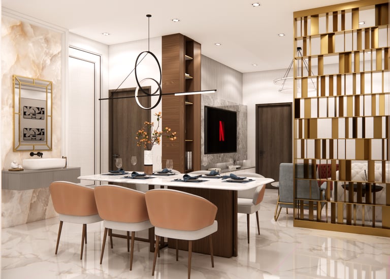Dining area interior design featuring stylish living room partition and elegant vanity unit by CASA DESIGNERS
