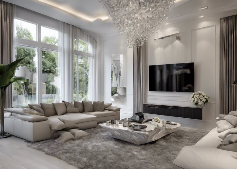 a living room with a large couch and a chandelier
