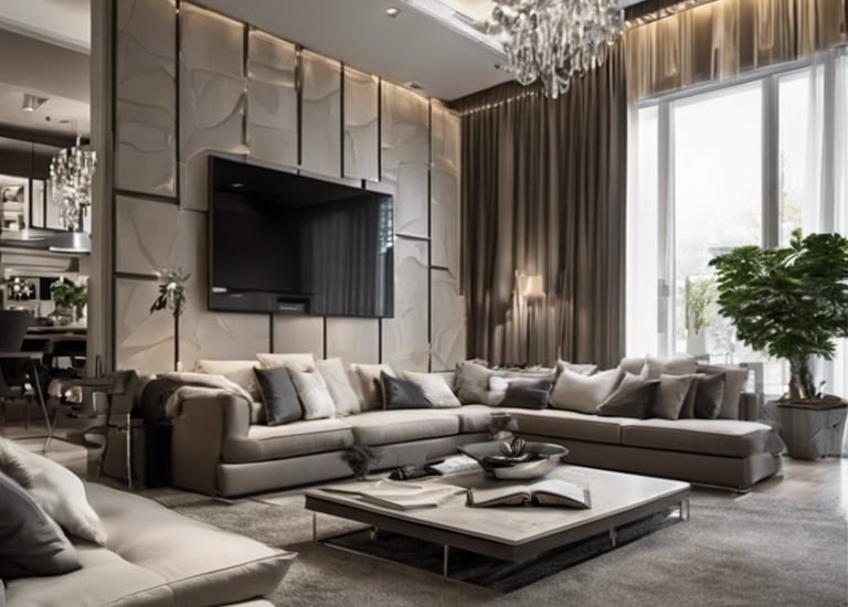 a living room with a couch and a chandelier